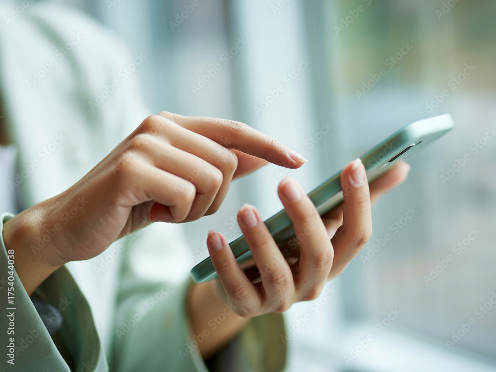 Obraz premium スマホを操作する女性の手元 A close-up of a woman's hands operating a smartphone Generative AI