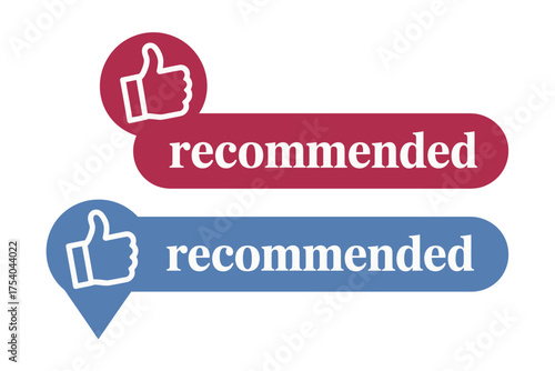 Vector art of two recommended badges, one in red and the other in blue, featuring a thumbsup icon and the word recommended in a rounded rectangle on transparent background