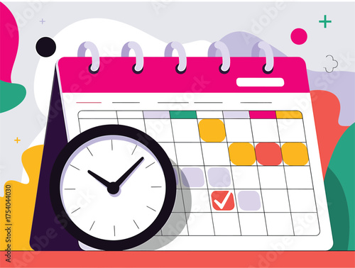 Illustration of a calendar with a clock next to it concept of time management, planning, scheduling, and deadlines on transparent background