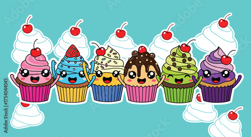 Cute cupcakes with smiling faces standing in a row on a light blue surface, creating a cheerful and sweet treat scene.
