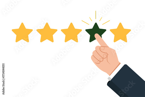 Vector art of hand selecting a green star rating, representing customer feedback, review, and satisfaction with a product or service on transparent background
