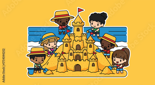 Children building sandcastle on beach during summer vacation, creating memories and enjoying the sunny day, full of joy and friendship.