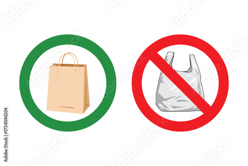 Vector art of paper bag is allowed, plastic bag is forbidden eco friendly and zero waste concept vector illustration of reusable shopping bag on transparent background