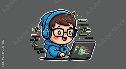 Happy young coder working on laptop with headphones, surrounded by colorful code snippets, showcasing the joy and creativity of programming in a modern, playful style.