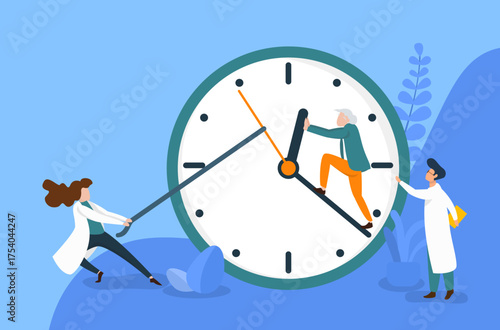 longevity concept: old lady and doctors trying to stop the clock