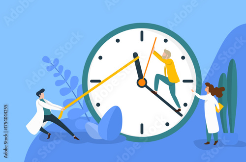longevity concept: old man and doctors trying to stop the clock