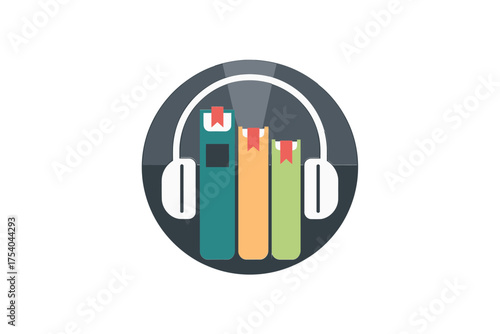 Vector art of audiobook concept books with headphones, representing the combination of reading and listening, perfect for educational and entertainment content on transparent background