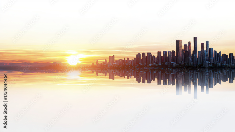 Fototapeta premium Stunning urban skyline at sunset, reflecting beautifully on calm water, creating serene atmosphere