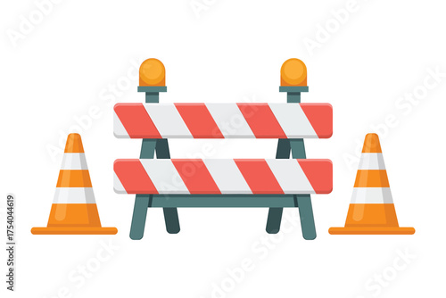 Vector art of roadblock with traffic cones construction barrier, warning sign, and safety equipment vector illustration of street repair on transparent background