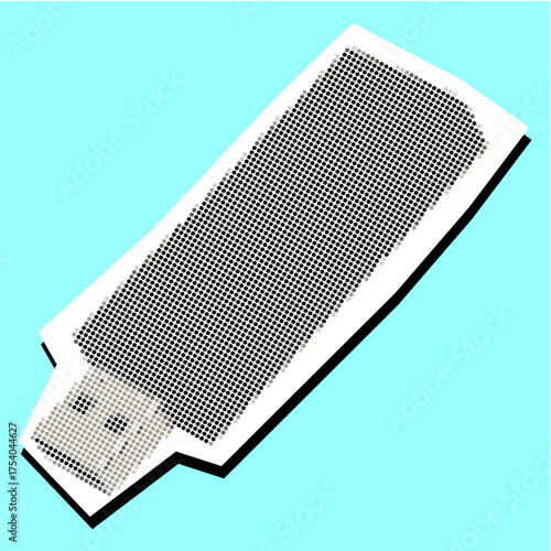Flash disk halftone dotted collage element pointillize in paper torn vector. Ideal for data storage, USB drive, and retro technology themes.