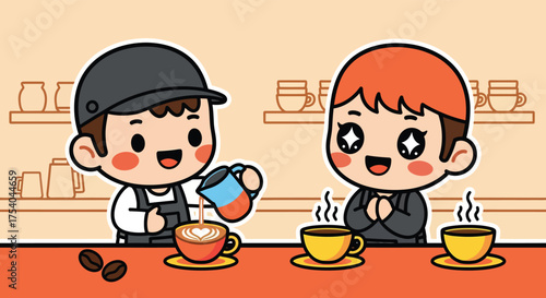 Barista pouring coffee into a cup for a customer at a cozy cafe, creating a warm and inviting atmosphere with steaming beverages and friendly service.