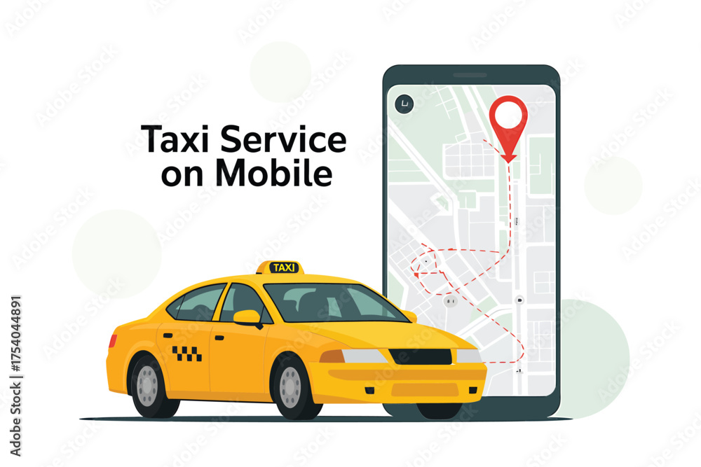Naklejka premium Vector art of taxi service on mobile, featuring a yellow taxi car and a smartphone displaying a map with a location pin for easy transportation on transparent background