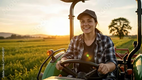 Happy young woman farmer smiling in a tractor at sunset. Portrait of a female agricultural worker in a green field. Modern farming and agribusiness concept