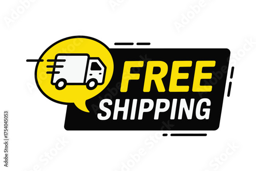 Vector art of a bold free shipping label with a delivery truck icon, perfect for promoting online sales and attracting customers on transparent background