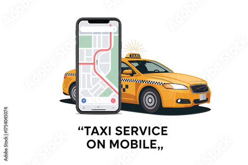 Vector art of taxi service on mobile yellow cab car and smartphone with map application online taxi ordering app vector illustration of taxi service on transparent background