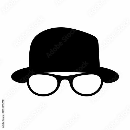 Simple icon illustration of a bowler hat and round frame glasses
