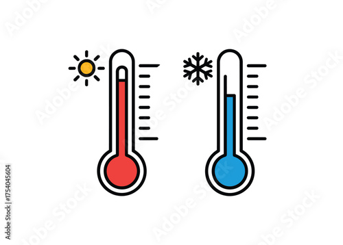 Vector art of thermometers indicating hot and cold temperatures, representing weather conditions and temperature measurement with sun and snowflake on transparent background