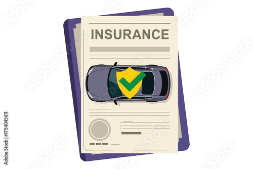 Vector art of car insurance policy document with a car and shield, representing protection, safety, and legal coverage for vehicles on transparent background