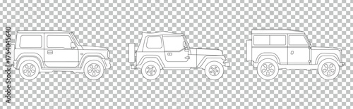 CAD Drawings. Set of silhouette and outline vector car vehicles. Side view. Vector illustration.	