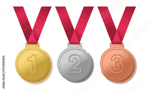Vector art of gold, silver, and bronze medals first, second, and third place awards with red ribbons for sporting achievements and competitions on transparent background