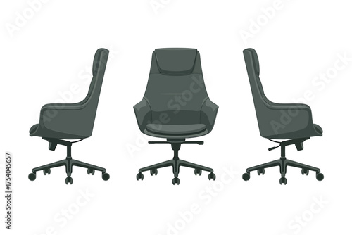 Vector art of three views of a modern office chair, showcasing ergonomic design, comfort, and style for professional workspaces on transparent background
