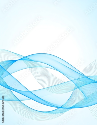 Abstract background features flowing, transparent, blue curves and lines against a clean white backdrop