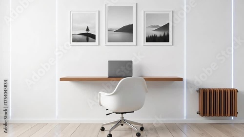 Minimalist home office with modern furniture and serene landscape art
