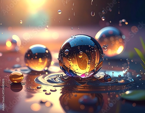 Spherical objects reflecting light on a reflective surface, droplets
