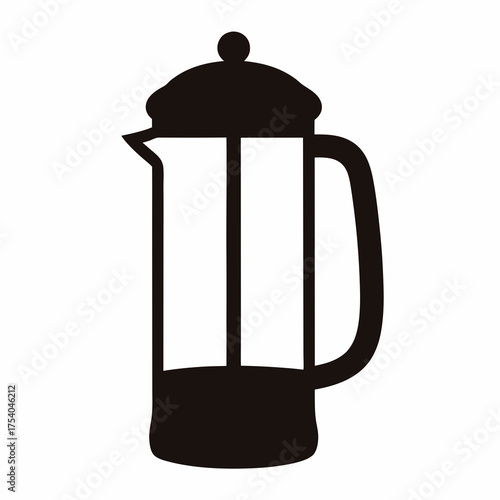 Black silhouette of a French press coffee maker on white background