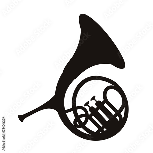 Black and white silhouette image of a French horn musical instrument