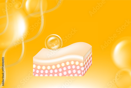 Hyaluronic acid and Niacinamide hair and skin solutions ad, gold collagen serum drops into skin cell with cosmetic advertising background ready to use, illustration vector.