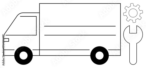 Delivery truck alongside wrench and gear indicating repair, maintenance, and logistics. Ideal for transportation, cargo, service, support, tools mechanics and shipping concepts. Clean flat metaphor