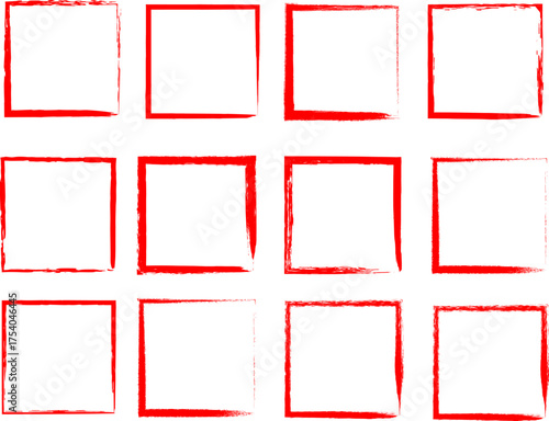 Red Grunge Brush Square Frames Set, Hand Drawn Border Collection