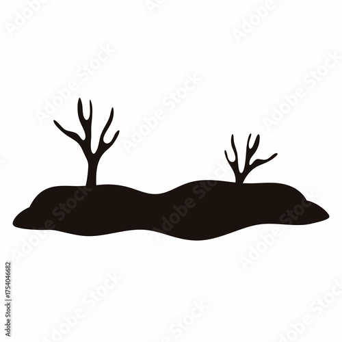 Silhouette of an island with two barren trees against a white background