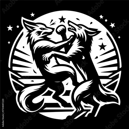 Illustration of a fox and wolf fighting in a circular frame with stars and radiating lines design element