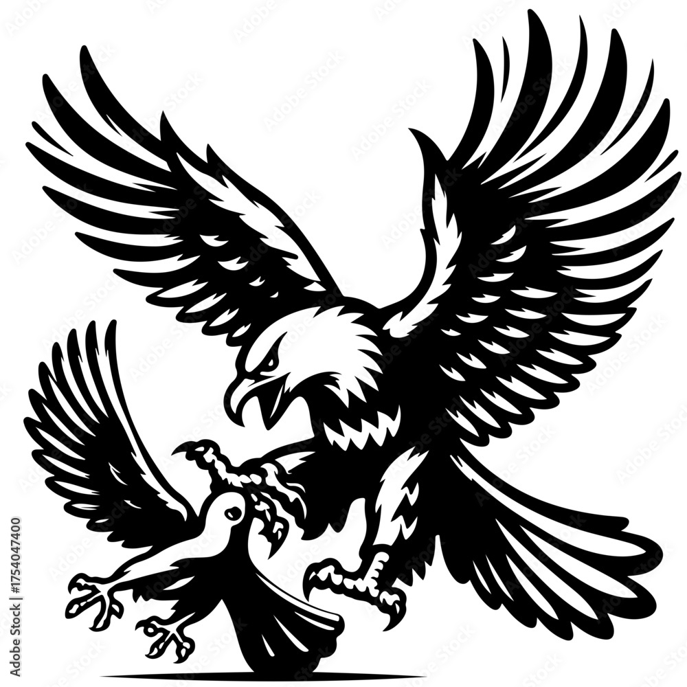 Fototapeta premium Eagle attacking a dove in a black and white illustration with wings spread and talons extended in a fight