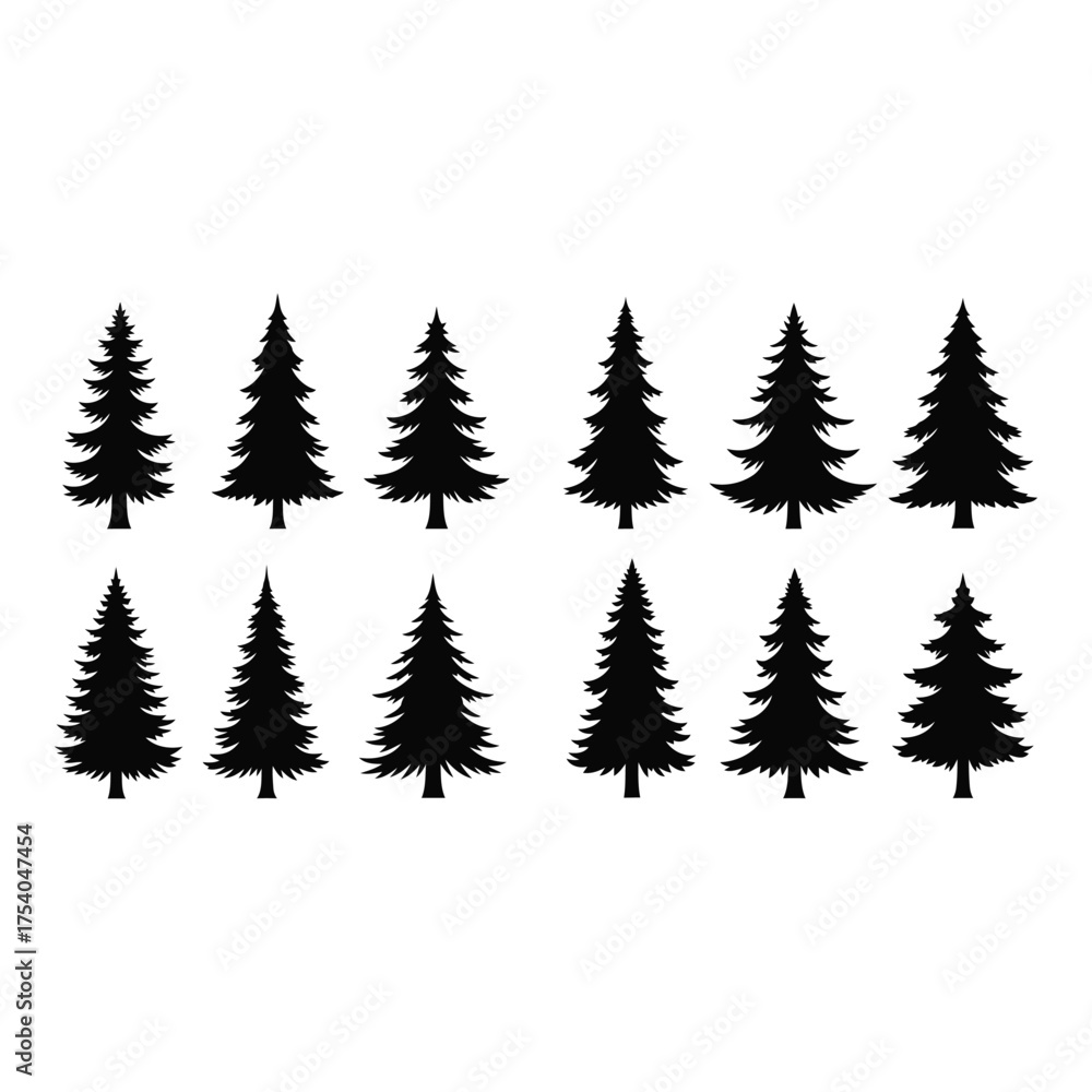 Obraz premium Collection of pine tree silhouettes isolated on white background