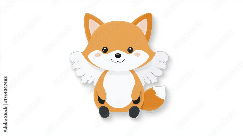 Fototapeta premium Cute baby fox with angel wings, smiling joyfully, perfect for stickers or illustrations