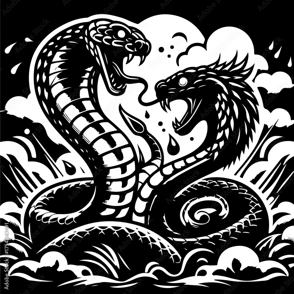 Fototapeta premium Two snakes facing each other with open mouths and visible fangs in a black and white illustration