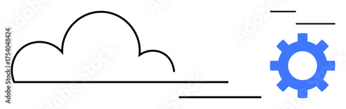 Minimalist cloud outline with blue gear and dynamic lines representing innovation, data flow, and tech integration. Ideal for cloud computing, software development, automation, innovation, digital