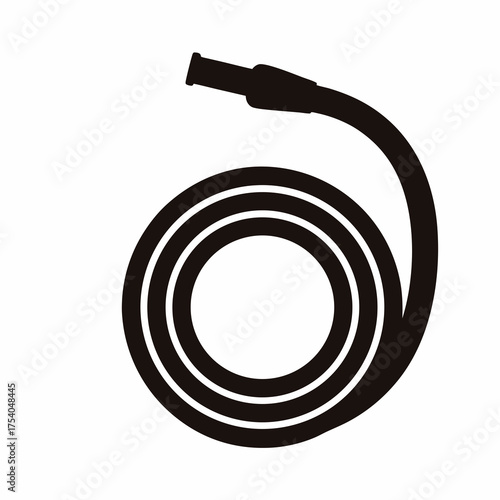Black silhouette of coiled garden hose with nozzle on white background