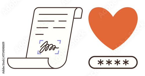Digital signature on rolled contract, orange heart icon, and password field. Ideal for online security, agreements, trust, legal frameworks, authentication, cybersecurity and digital connections