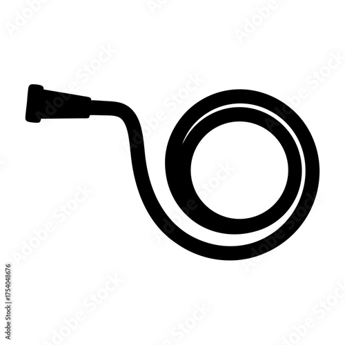 Abstract black silhouette of a coiled garden hose with nozzle end