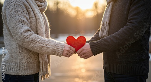 Couple holds heart, symbol of true love. Winter valentine's day full of love
