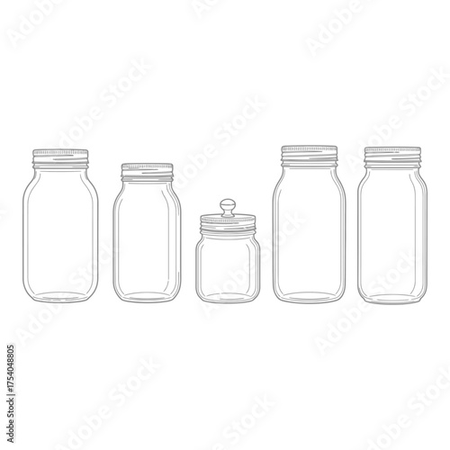 Collection of mason jars silhouette isolated on white background