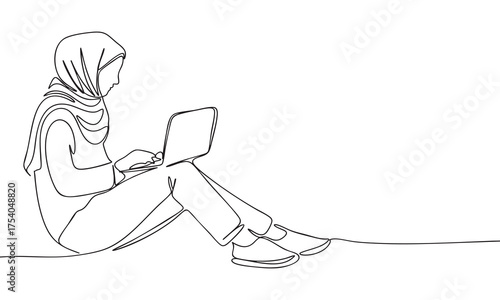 Minimalist Line Art of a Muslim Woman Using a Laptop