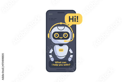 Smartphone with chatbot assistant, featuring a friendly robot avatar and speech bubble, designed for customer service and support, on transparent background