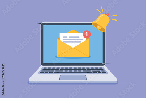 Laptop with email notification and bell icon, symbolizing digital communication, alerts, and online messaging, on transparent background