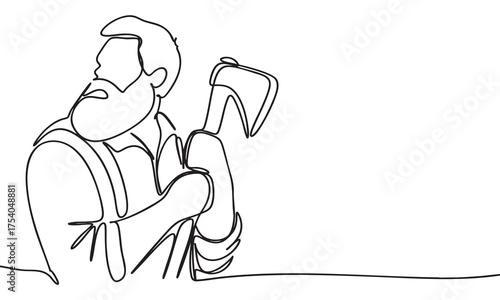 Continuous Line Drawing of a Bearded Lumberjack with an Axe