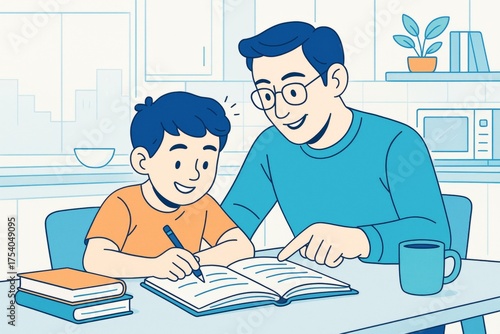 Father helping his son with homework at the kitchen table in a cozy light background setting, promoting education and family bonding lifestyle concept. Ai generative